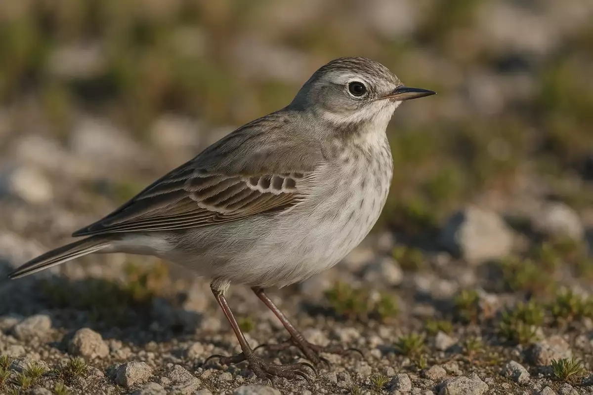 Bisbita alpino caminando entre hierbas de altura