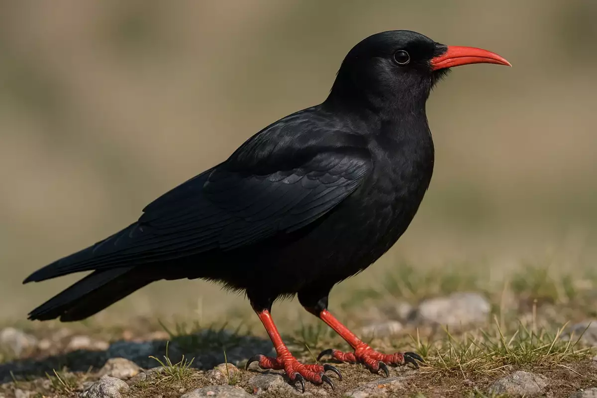 Chova piquirroja mostrando pico rojo curvado