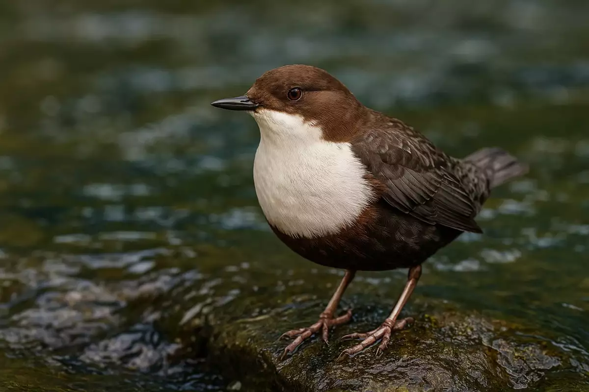 Mirlo acuático posado en una roca de un arroyo