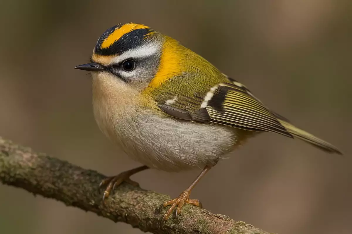 Reyezuelo listado con ceja blanca y corona amarilla