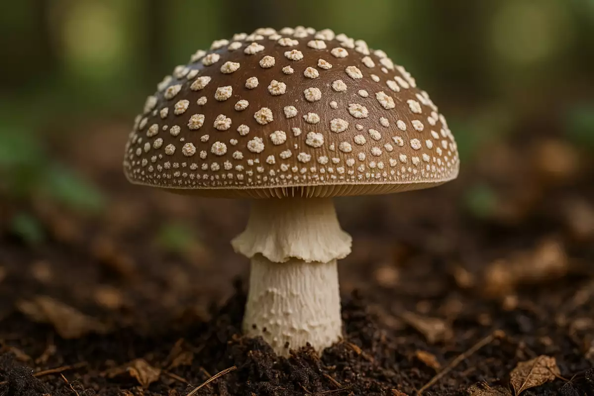 Amanita pantherina, sombrero marrón con verrugas claras