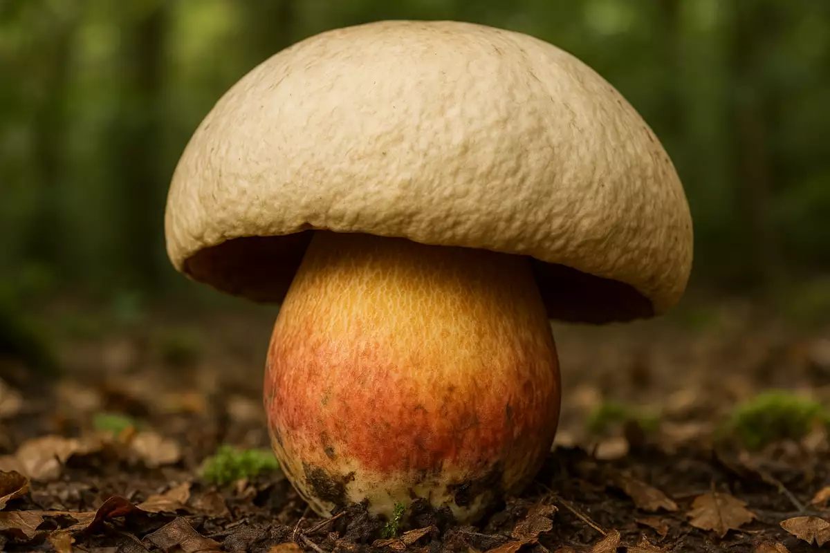 Rubroboletus satanas, sombrero pálido y tubos rojizos
