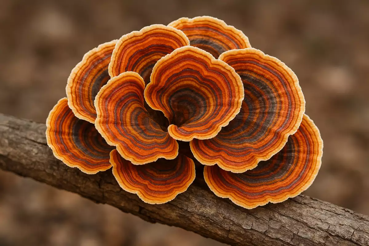 Stereum ostrea en capas finas anaranjadas sobre madera