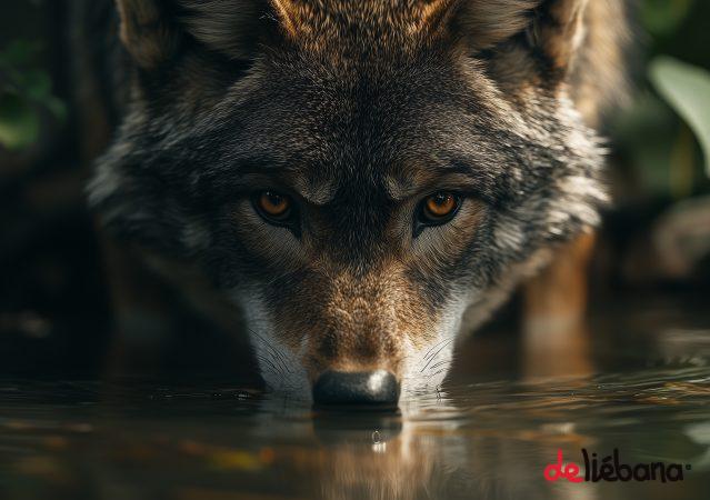 cuadro lobo bebiendo agua