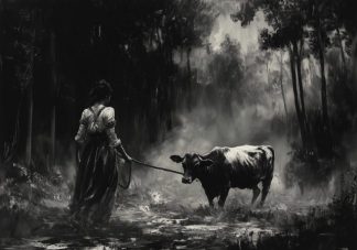 Una mujer vestida con ropas antiguas guía a una vaca a través de un bosque oscuro y neblinoso, en una escena impregnada de dramatismo y misterio.