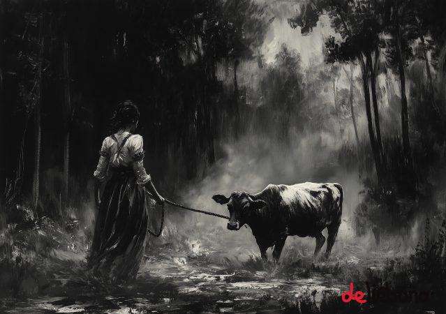 Una mujer vestida con ropas antiguas guía a una vaca a través de un bosque oscuro y neblinoso, en una escena impregnada de dramatismo y misterio.